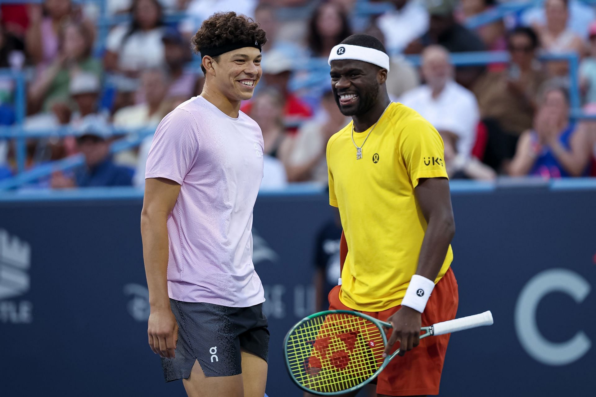Ben Shelton (left) and Frances Tiafoe (right) during men's doubles action at the 2025 Mubadala Citi DC Open (Source: Getty)